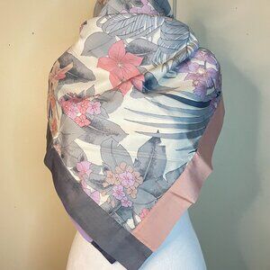 Large Silk Grey & Pink Floral Square Scarf Shawl